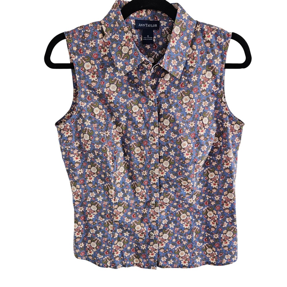 Ann Taylor Woman SZ 6 MicroFlower Sleeveless Blouse Button Front Cottage Classic